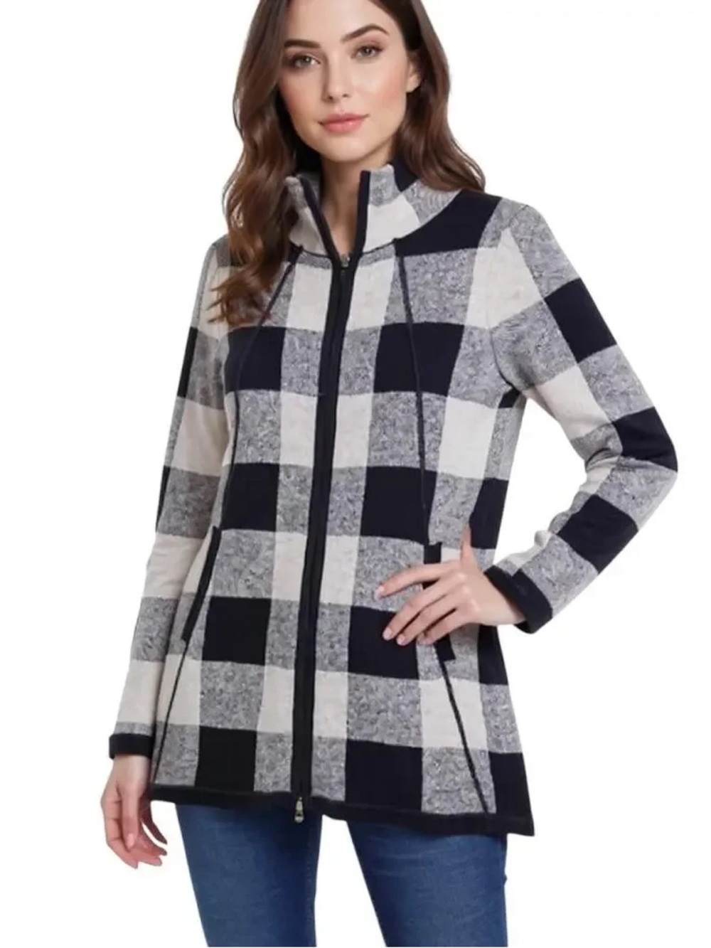 Adrienne Vittadini Cardigan Women's Size XS Black White Full Zip Pockets Plaid